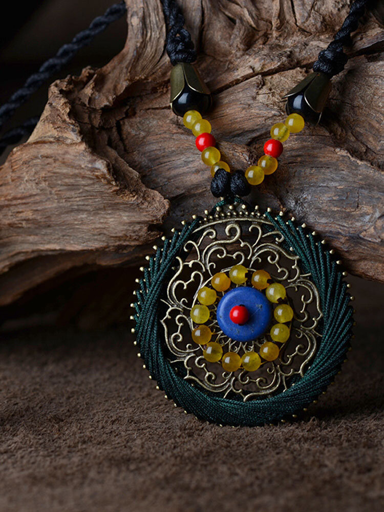 Ethnic Flower Carved Agate Turquoise Necklace Long Round Pendant Necklace Sweater Access for Her