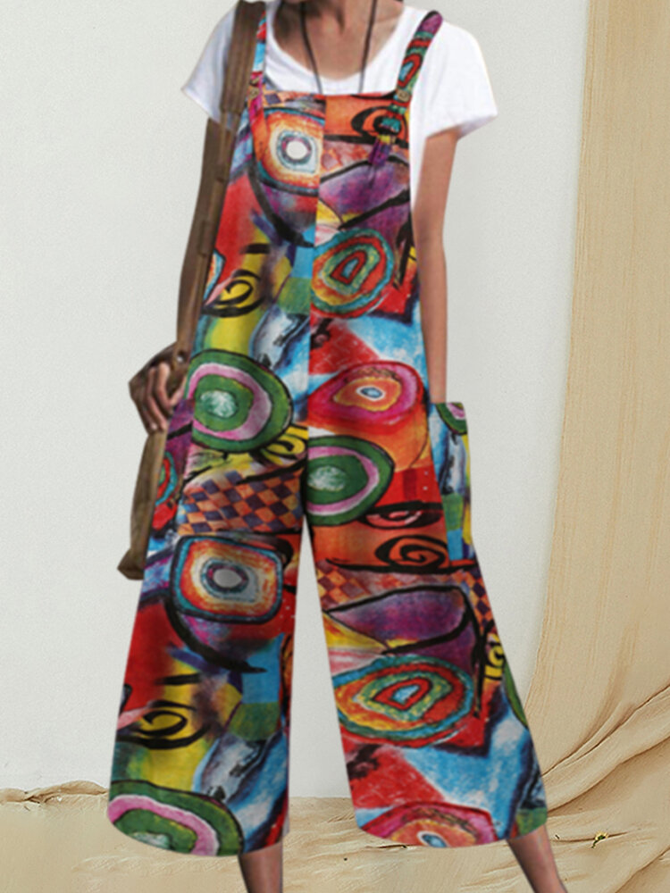 Bohemian Printed Buttons Side Pockets Straps Sleeveless Jumpsuits For Women
