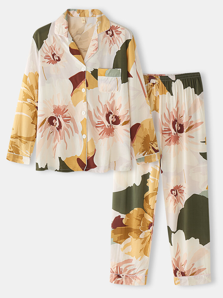 Women Floral Print Lapel Collar Long Sleeve Sleepwear Sets
