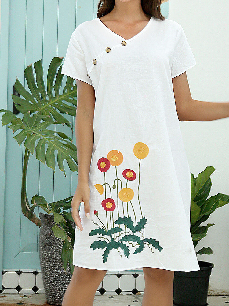 Flower Embroidery V-neck Button Short Sleeve Dress For Women