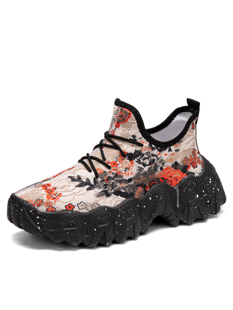 Large Size Women Casual Lace-up Floral Print Comfy Chunky Sneaker Shoes