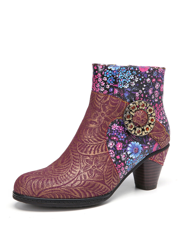

SOCOFY Retro Metal Flowers Buckle Floral Leather Splicing Warm Lining Chunky Heel Ankle Boots, Wine red