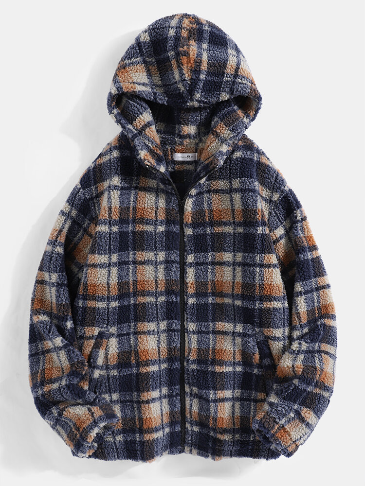 

Mens Zip Front Plaid Back Patched Teddy Hooded Jacket With Pocket, Navy