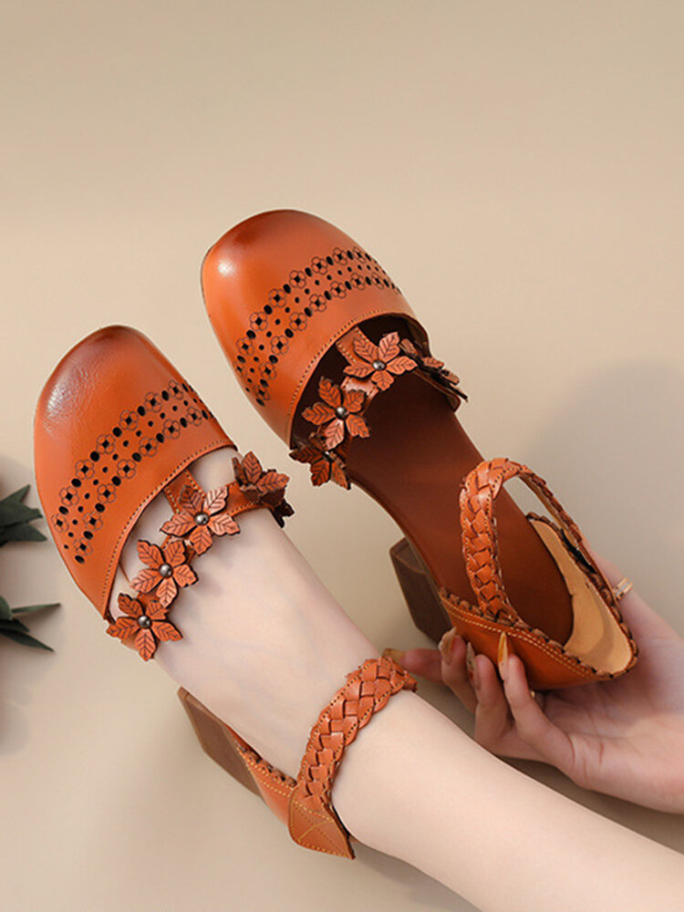 Socofy Genuine Leather Handmade Woven Retro Ethnic Soft Comfy Hook & Loop Mary Jane Floral Heels