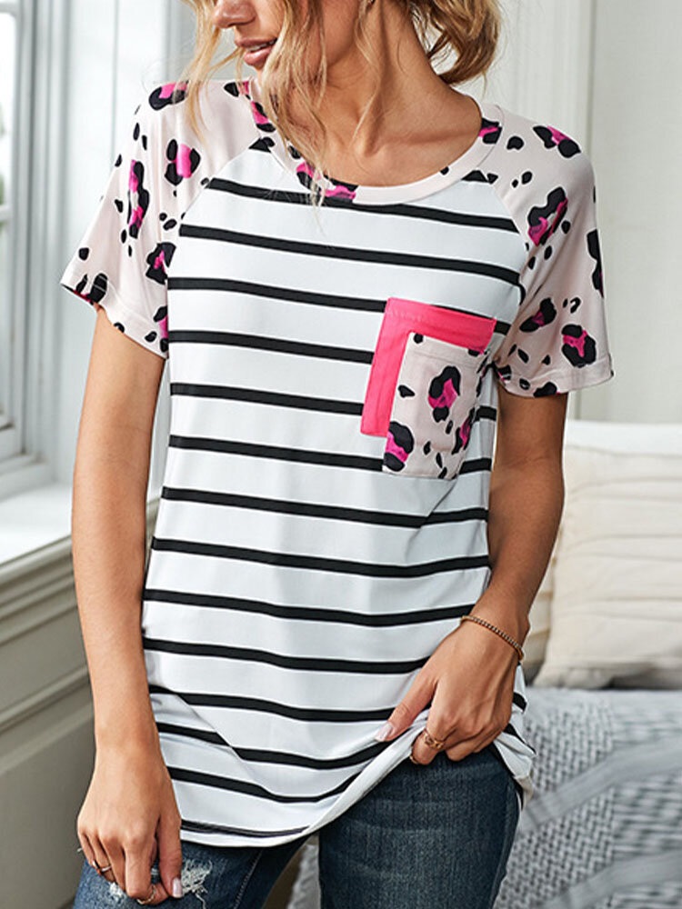 Women Stripe Print Patchwork O-neck Short Sleeve Casual T-Shirt
