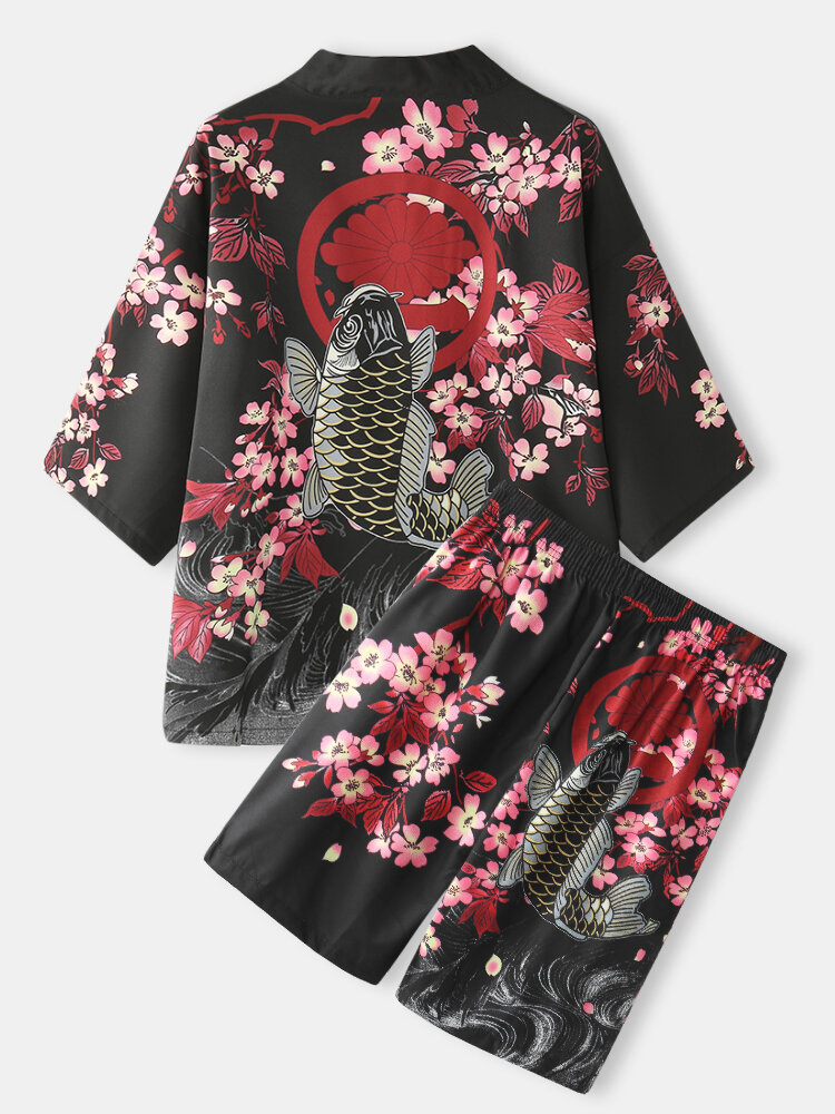 Mens Carp & Flower Print Japanese Style Elastic Waist Kimono Two Piece Outfits