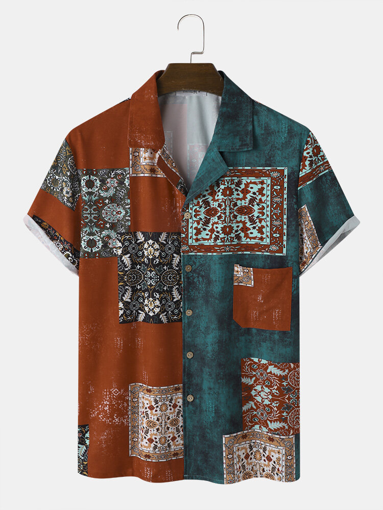 Mens Ethnic Floral Graphics Revere Collar Short Sleeve Shirts With Pocket