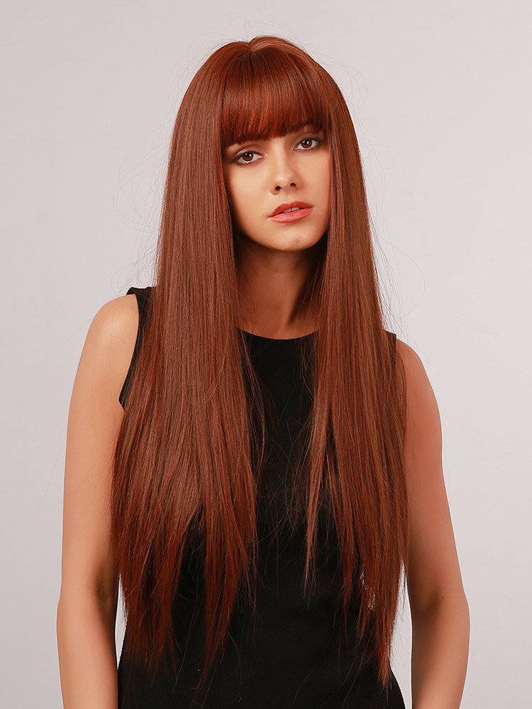 Brown Red Long Straight Hair With Flat Bangs Headgear Heat-resistant High-temperature Silk Synthetic Wig For Party Prom Daily