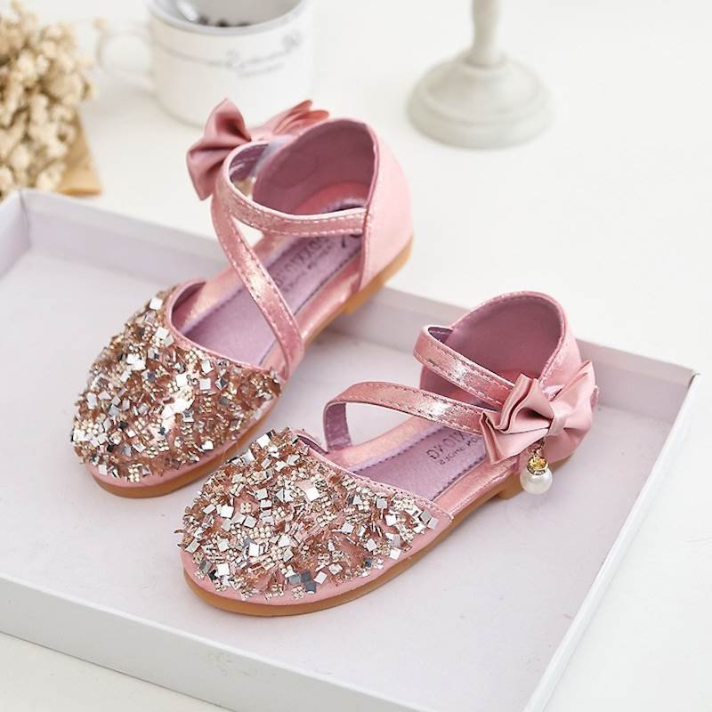 

Girls Bowknot Rhinestones Upper Hook Loop Princess Dress Shoes, Gold;pink;silver