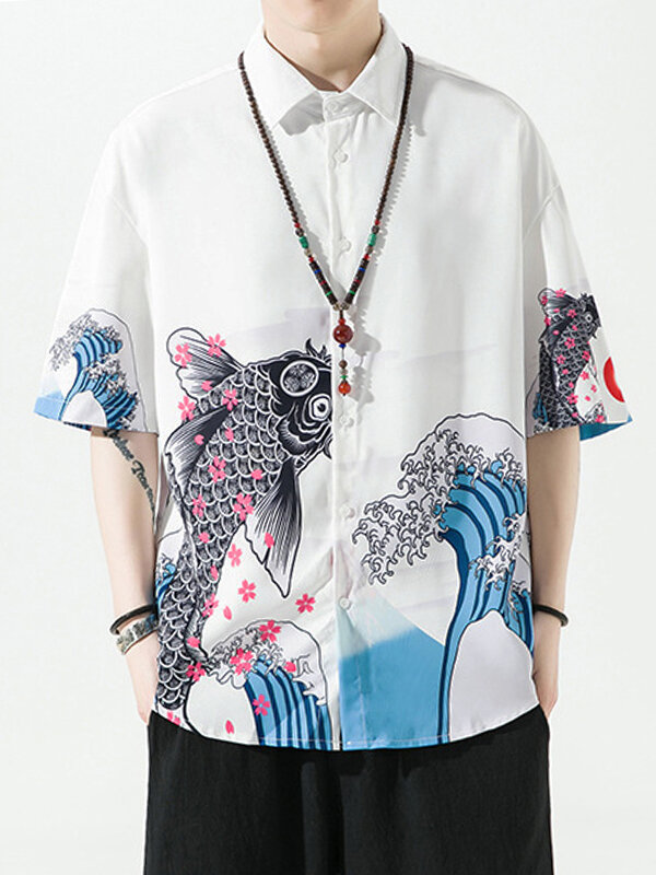 Mens Chinese Style Landscape Print Lapel Short Sleeve Shirt