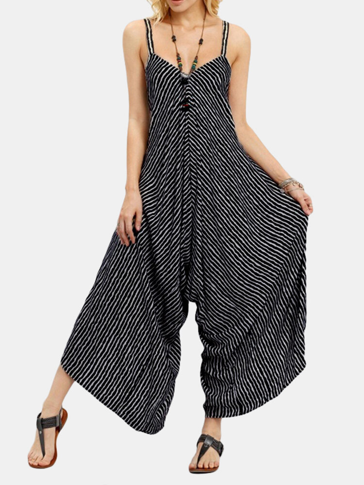 Striped Print Sleeveless Loose V-neck Casual Jumpsuit for Women