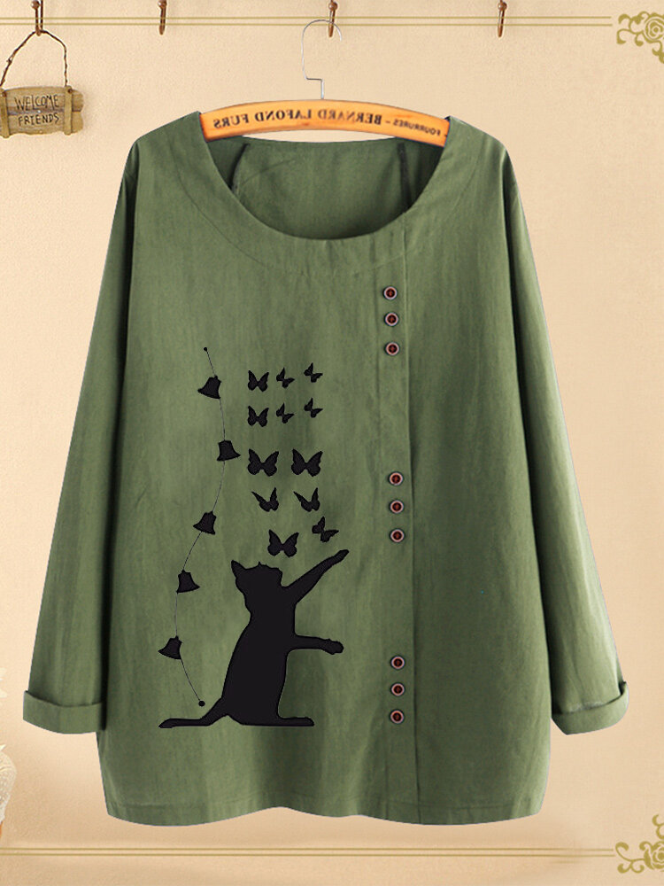 Cat Butterfly Print Button Long Sleeve Plus Size Blouse