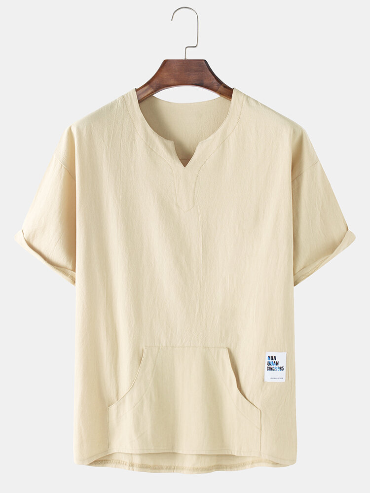 Mens Breathable Cotton & Linen Large Pocket V-neck T-shirt