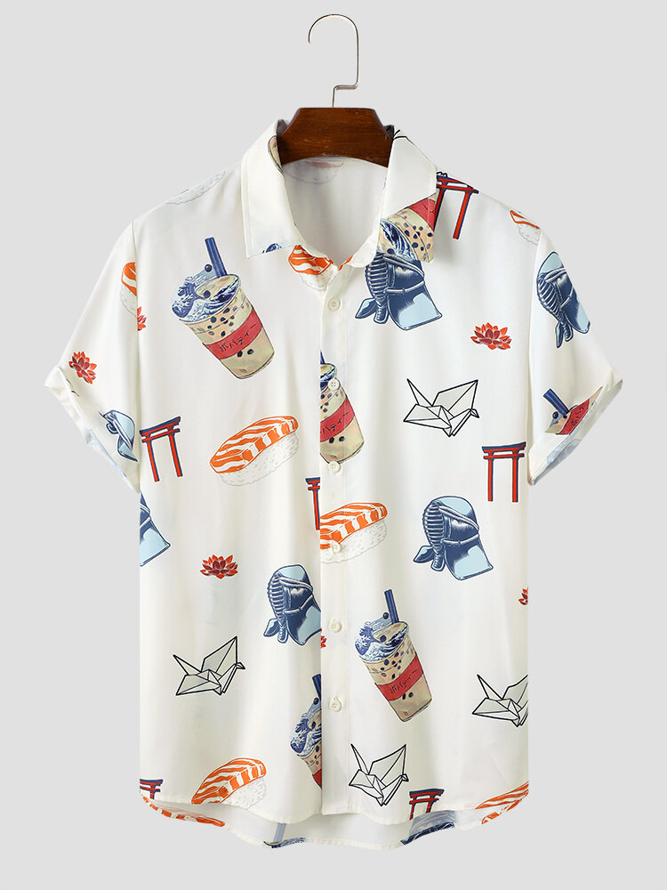 Mens Japanese Style Food Print Button Up Short Sleeve Shirts
