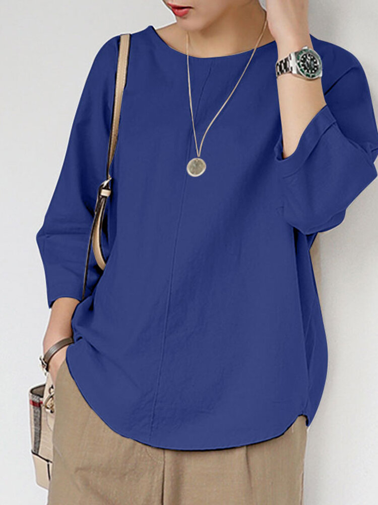 Solid Crew Neck 3/4 Sleeve Casual Blouse For Women