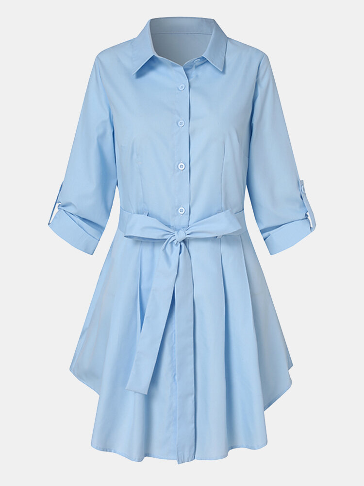 Solid Color Lapel Button Knotted Casual Dress For Women