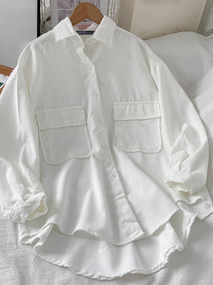 Solid Corduroy High-low Hem Button Long Sleeve Shirt