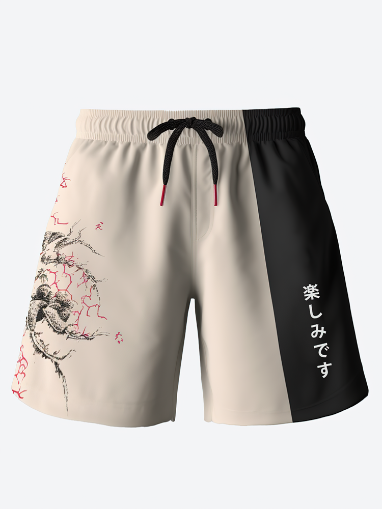 Newchic Mens Japanese Print Color Block Patchwork Drawstring Waist Shorts