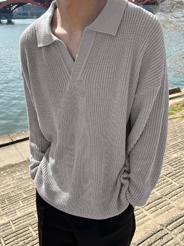Masculino sólido canelado tricotado casual manga comprida golfe Camisa