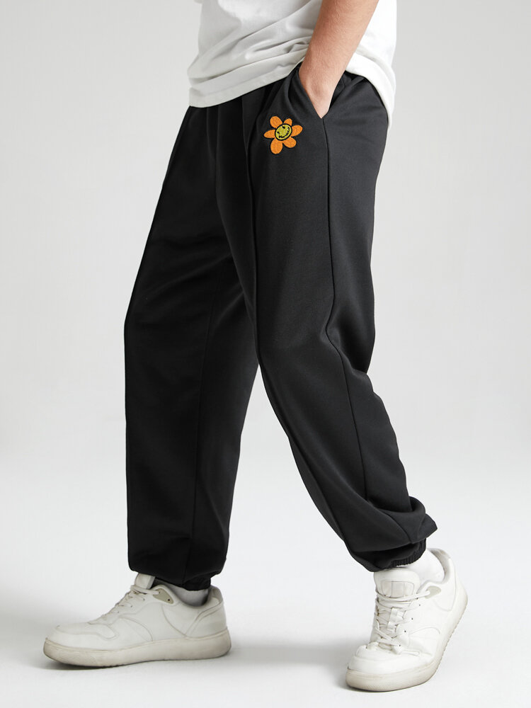 Mens Smile Face Floral Embroidered Seam Detail Loose Drawstring Sweatpants