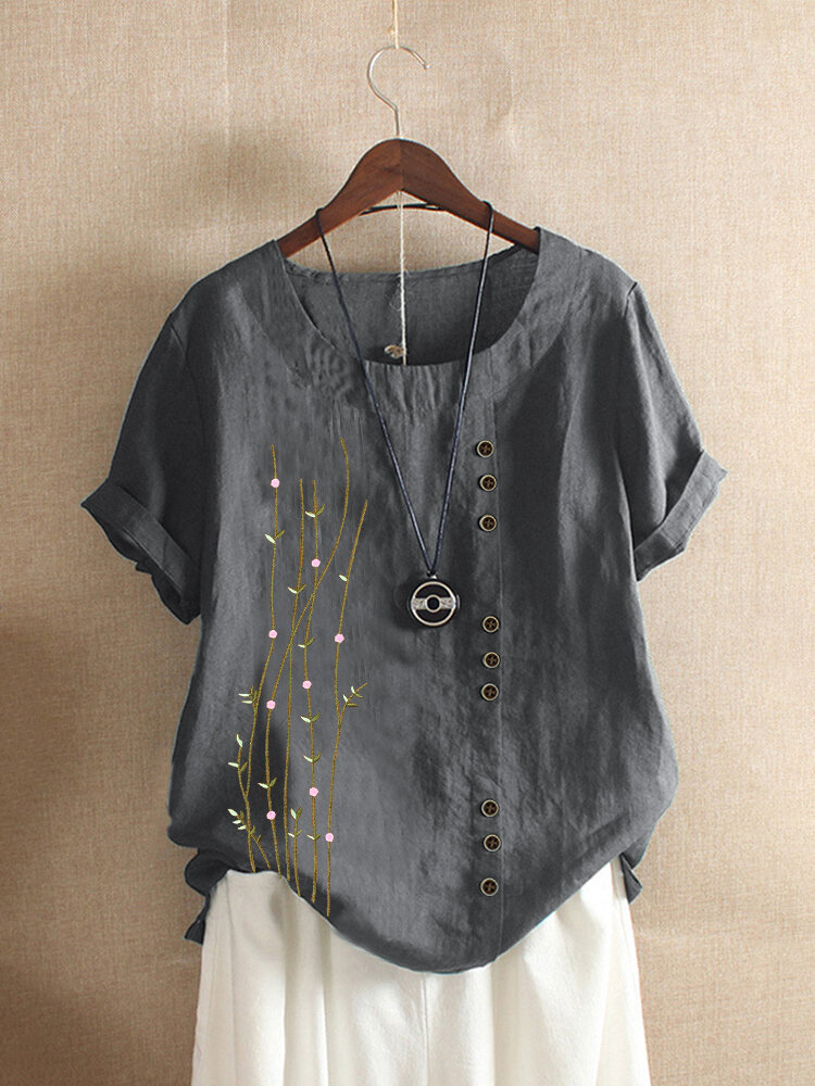 Embroidery Short Sleeve O-neck Button Cotton T-shirt