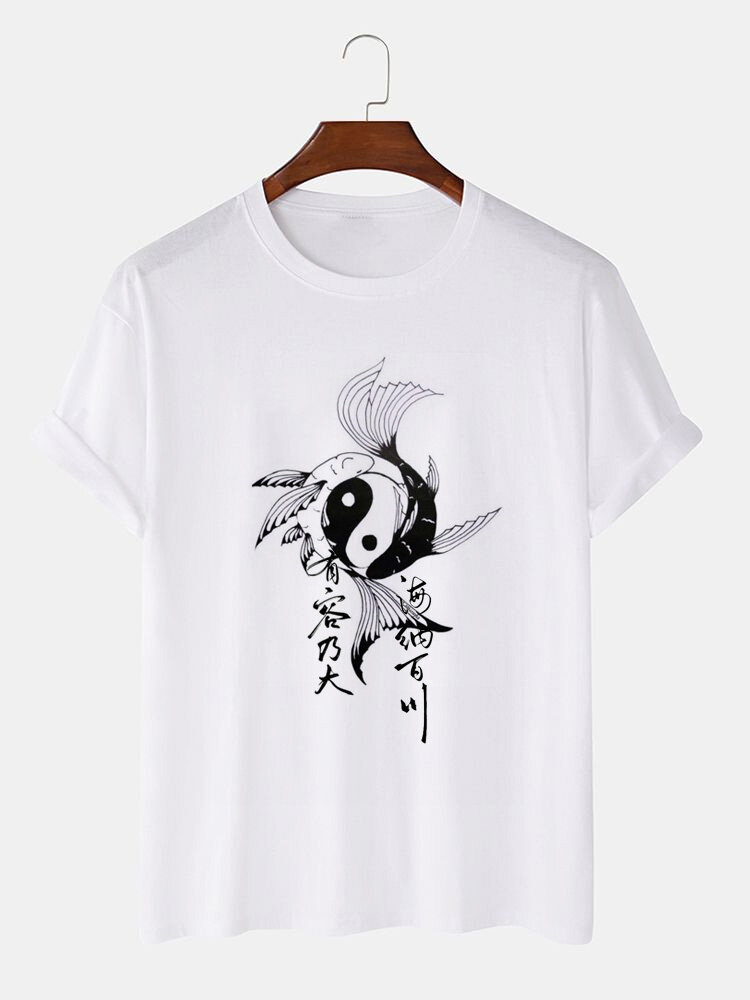 

Mens Chinese Yin Yang Carp Print Crew Neck Short Sleeve T-Shirts Winter, White