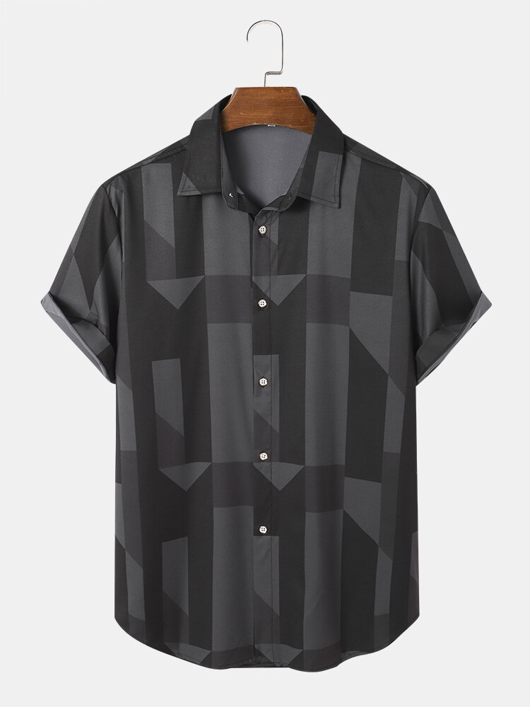 Mens Irregular Geometric PrintedButton Up Daily Short Sleeve Shirts