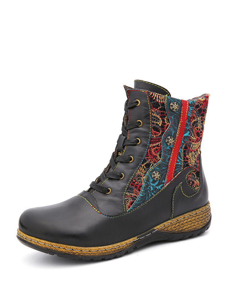 SOCOFY Retro Embroidery Floral Splicing Solid Color Leather Zipper Flat Short Boots