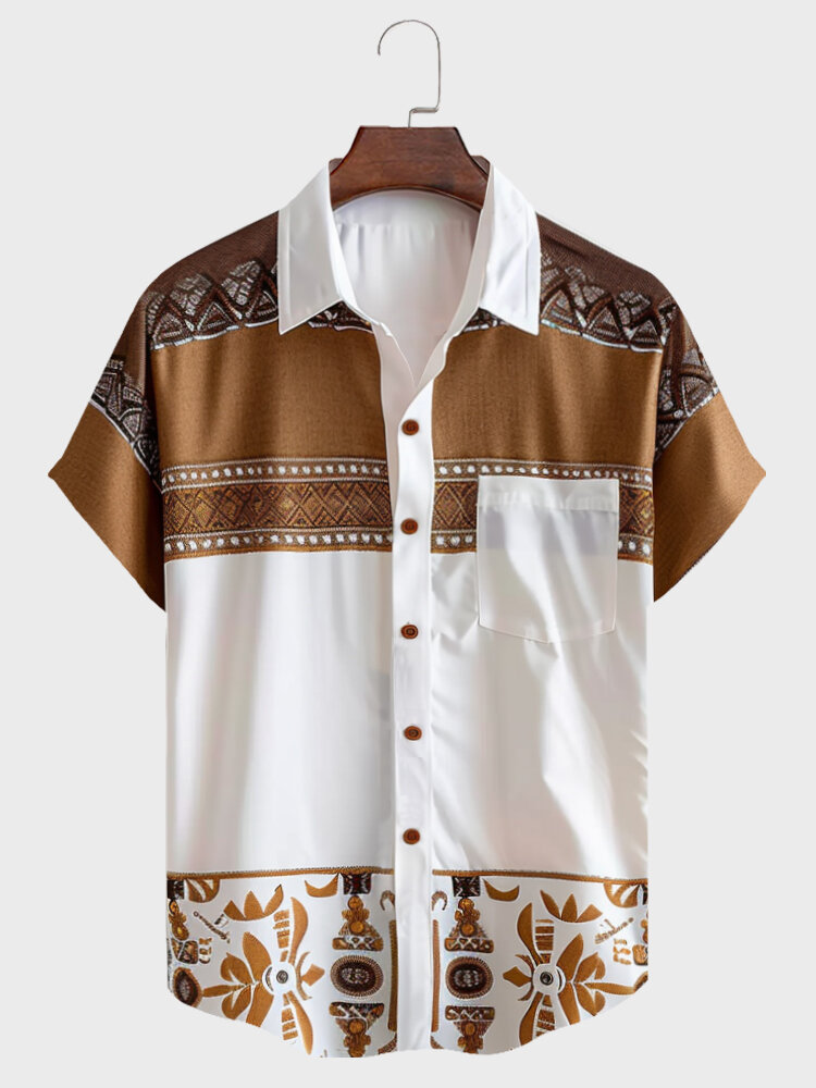 

Mens Ethnic Geometric Totem Print Patchwork Chest Pocket Short Sleeve Shirts, White