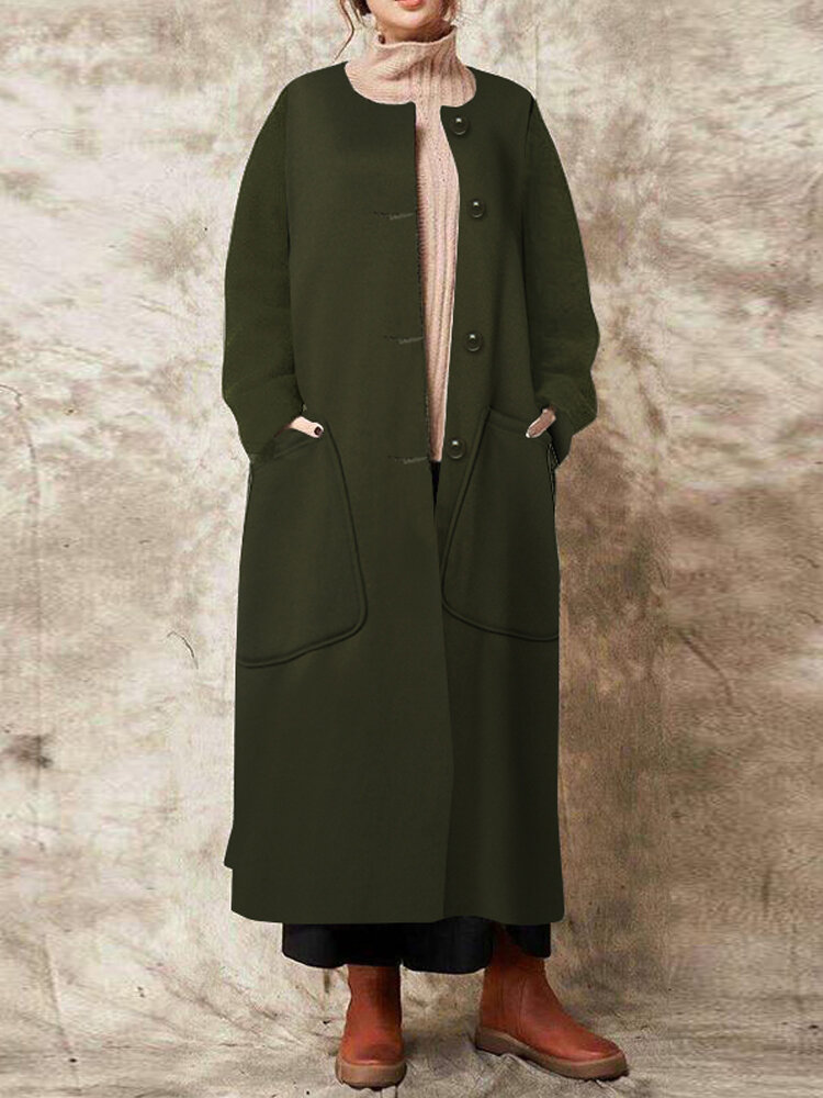 Chaqueta vintage de color sólido Cuello largo fino Plus talla abrigo