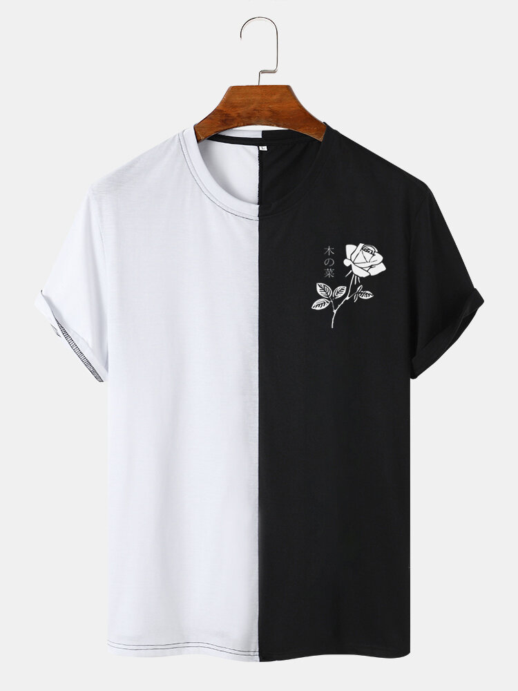 Mens Rose Japanese Print Contrast Patchwork Casual Short Sleeve T-Shirts