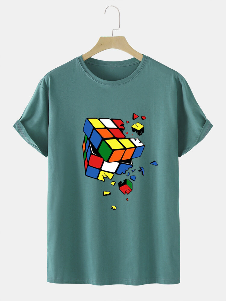 

Mens Cube Pattern 100% Cotton Crew Neck Short Sleeve Street T-Shirt, Black;brown;dark green