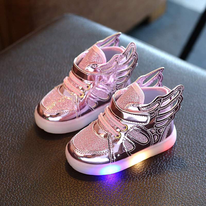 

Girls Splicing Fabric Mesh Wings Decor LED Non Slip Casual Sneakers, Gold;silver;pink