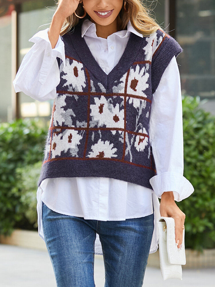 Women Calico Plaid Print V-neck Casual Knitting Sleeveless Sweater