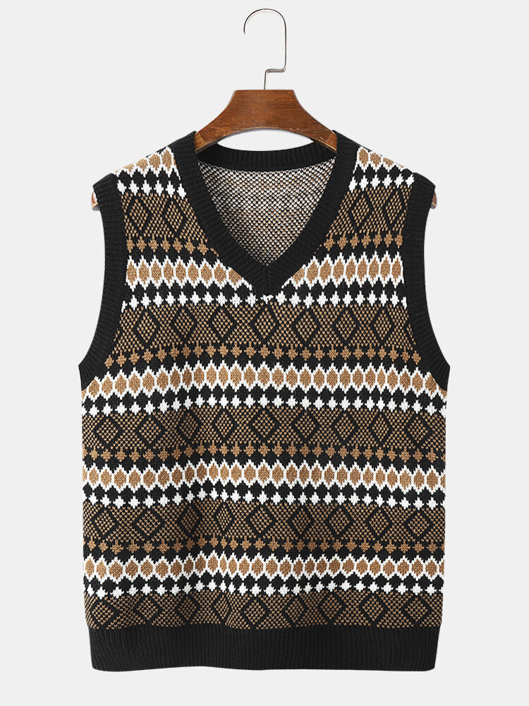 

Mens Knit Argyle Striped Printed Sleeveless V Neck Hit Trim Sweaters Vest, Black