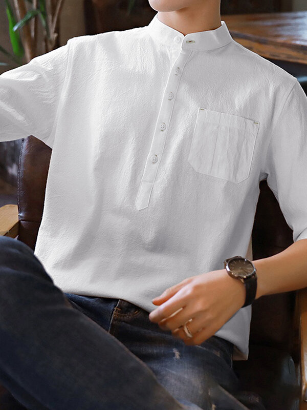 Mens Solid Half Button 100%Cotton 3/4 Sleeve Henley Shirt