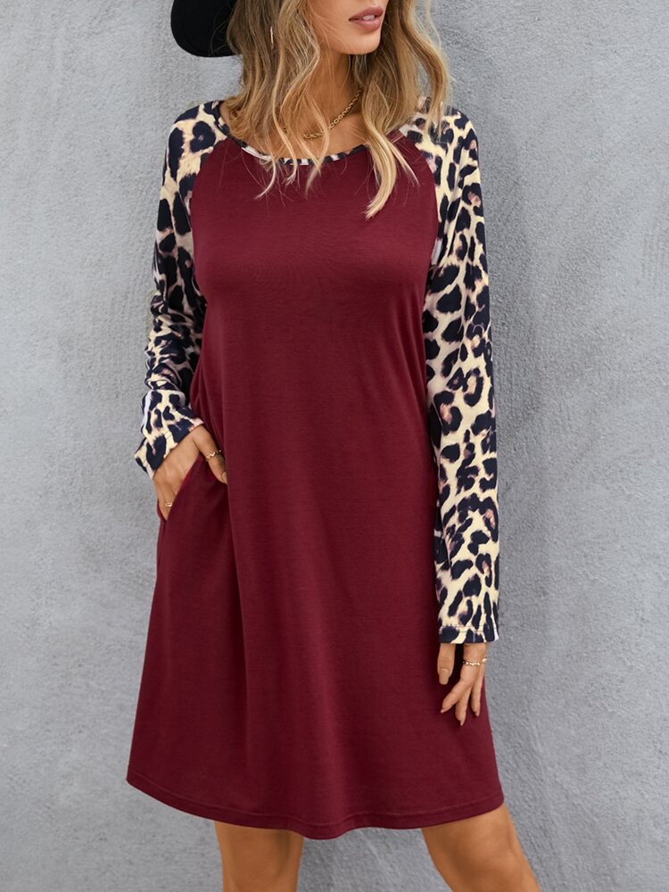 Leopard Print Patchwork Long Sleeve Pocket Casual Dress For Women