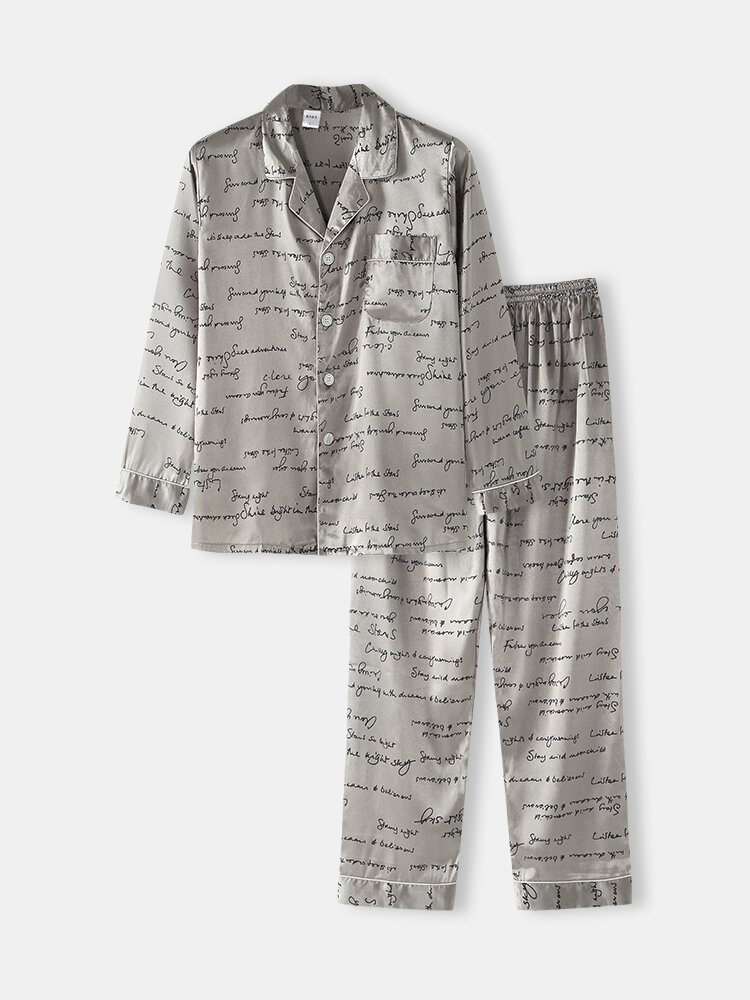 Grey Character Print Silky Two Pieces Sleepewear Sets Surf Long Sleeve Casual Homewear