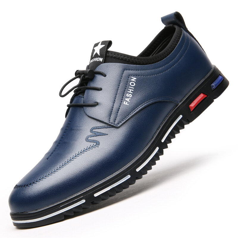 Men Cow Leather Non Slip Elastic Lace Business Casual Shoes