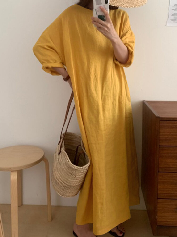 Solid Long Sleeve Round Neck Casual Cotton Maxi Dress