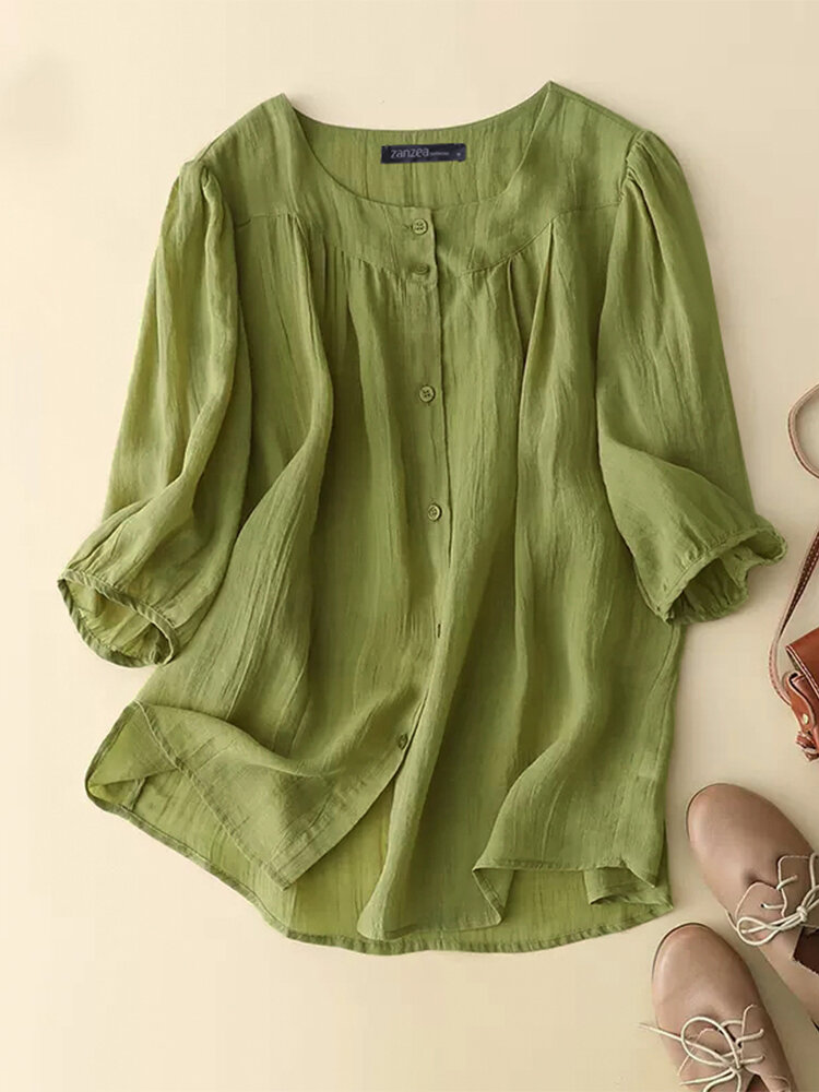 Women Solid Pleated Button Front Casual Half Sleeve Shirt