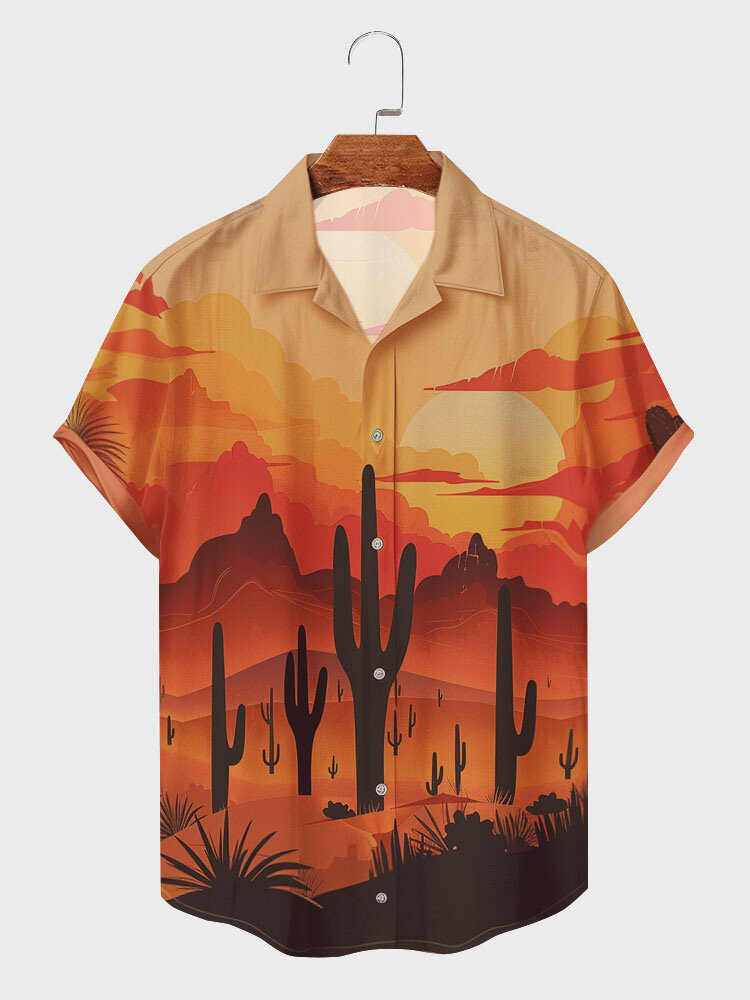 Mens Plants Desert Landscape Print Short Sleeve Shirts