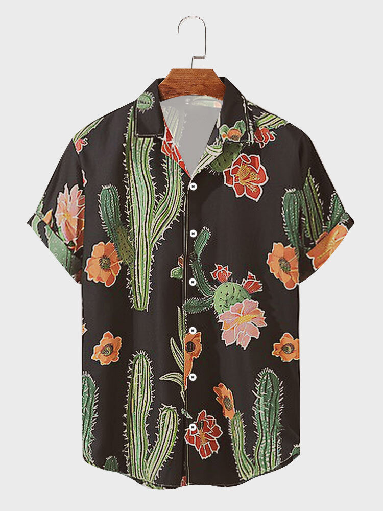 Camisas informales de manga corta con cuello reverenciado y estampado de cactus para hombre