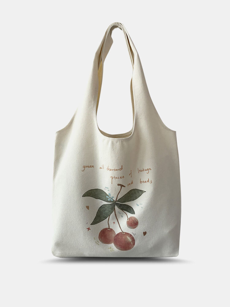 Women Canvas Fashion Large Capacity Literature and Art Cherry Pattern Handbag Shoulder Bag
