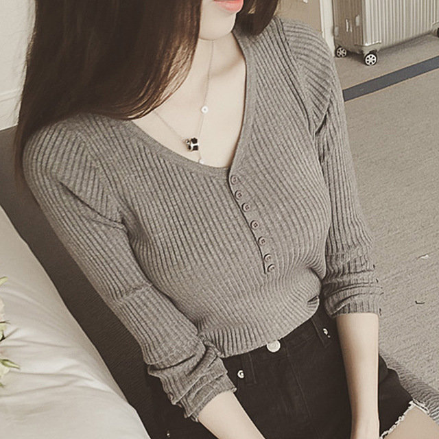  V-neck Pullover Sweater Button Slim Slimming Bottoming Sweater Women