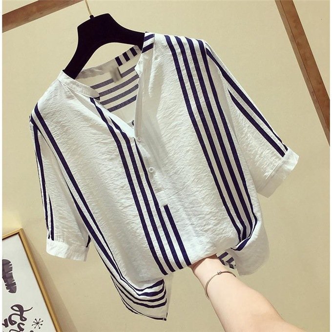 Striped Short-sleeved Loose Wild Top With Fresh V-neck Shirt