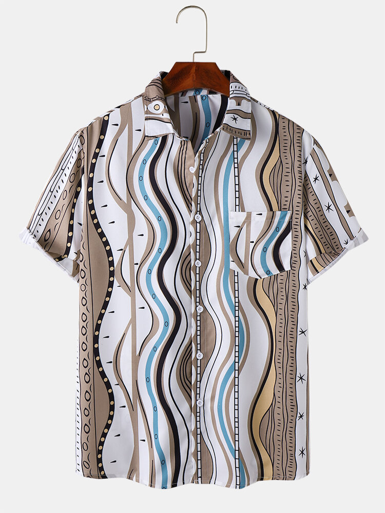 Mens Wave Striped Geometric Print Vacation Short Sleeve Shirts