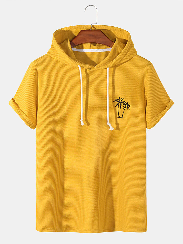 Mens Knitted Texture Coconut Tree Embroidery Drawstring Hooded T-Shirt