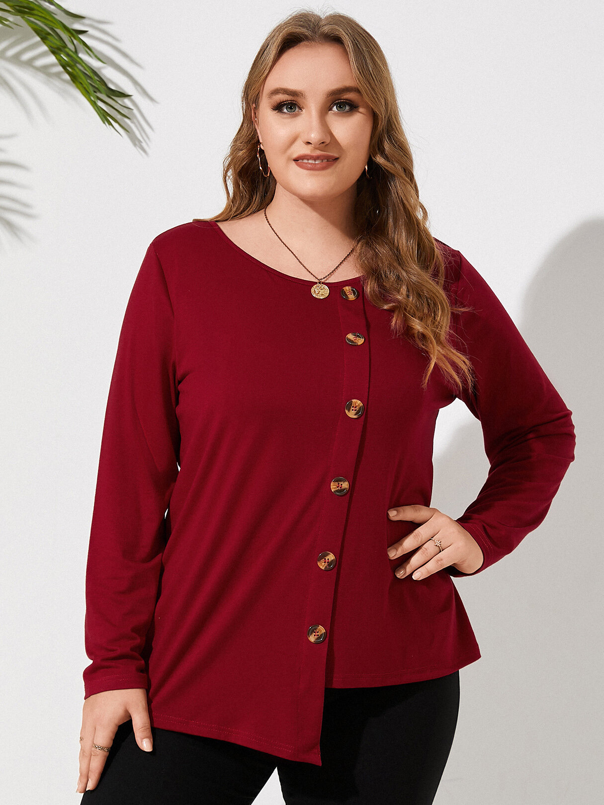 Plus Size Round Neck Button Design Long Sleeves Tee, Black;wine red