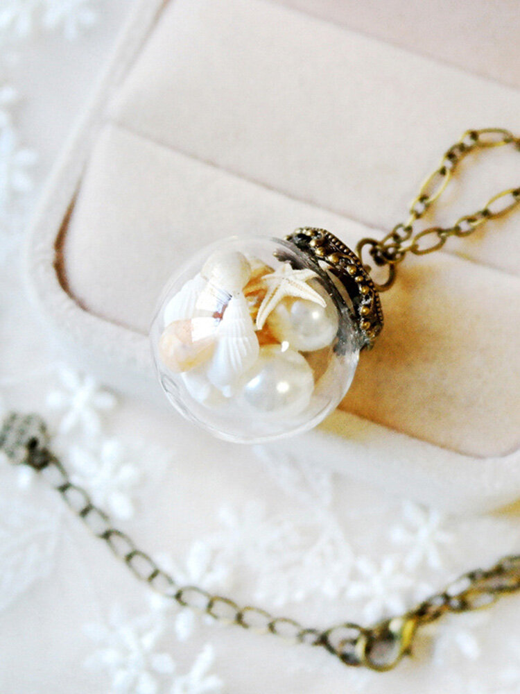 Bola de cristal redonda Flor seca Colgante Collar Shell Pearl Mujer Collar Suéter Cadena